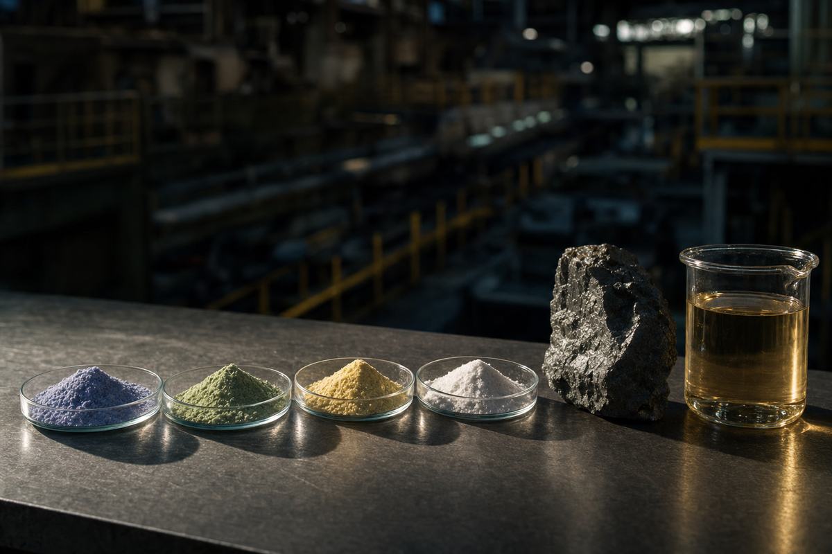 A row of glass dishes holding pale blue-violet, light green, pale yellow, and white rare-earth oxide powders beside a chunk of dark ore and a beaker of amber acid in an industrial processing plant.