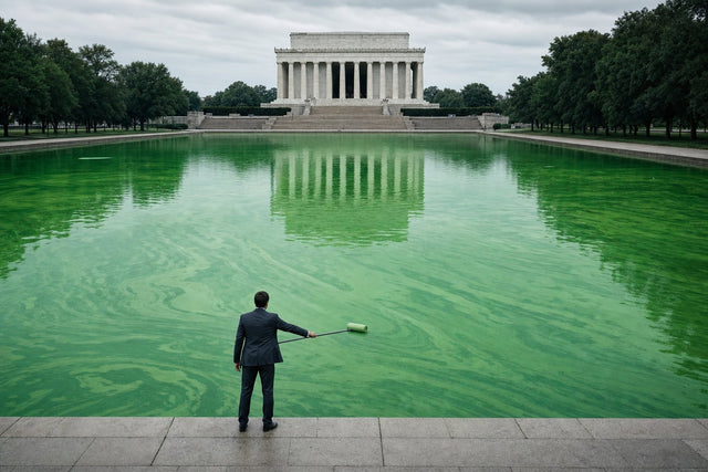 A lone figure in a business suit holds a paint roller toward the Lincoln Memorial Reflecting Pool, its water turned vivid cyanobacteria green