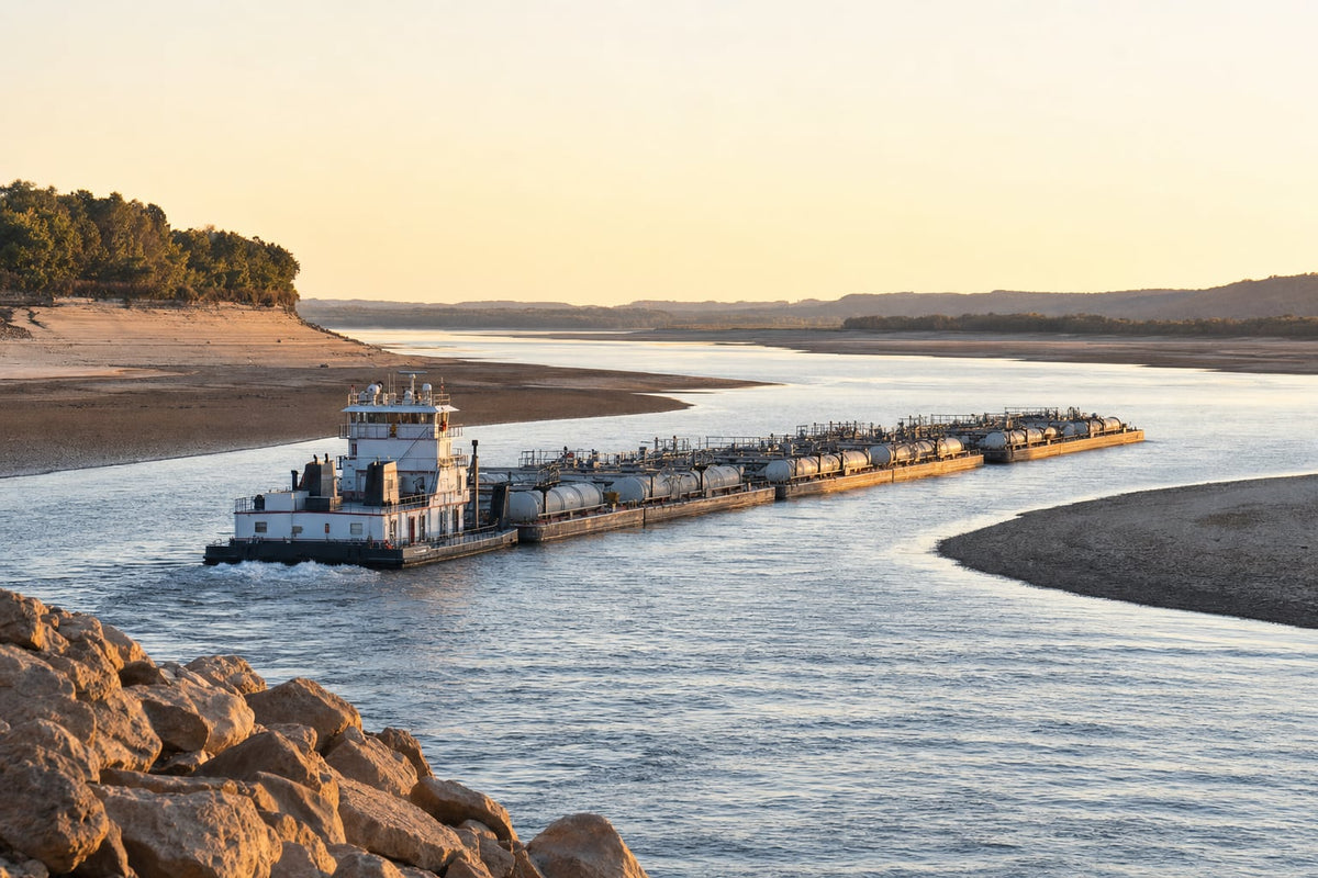 A towboat pushing liquid tank barges down a narrowed river channel with wide sandbars exposed on both sides by record-low water