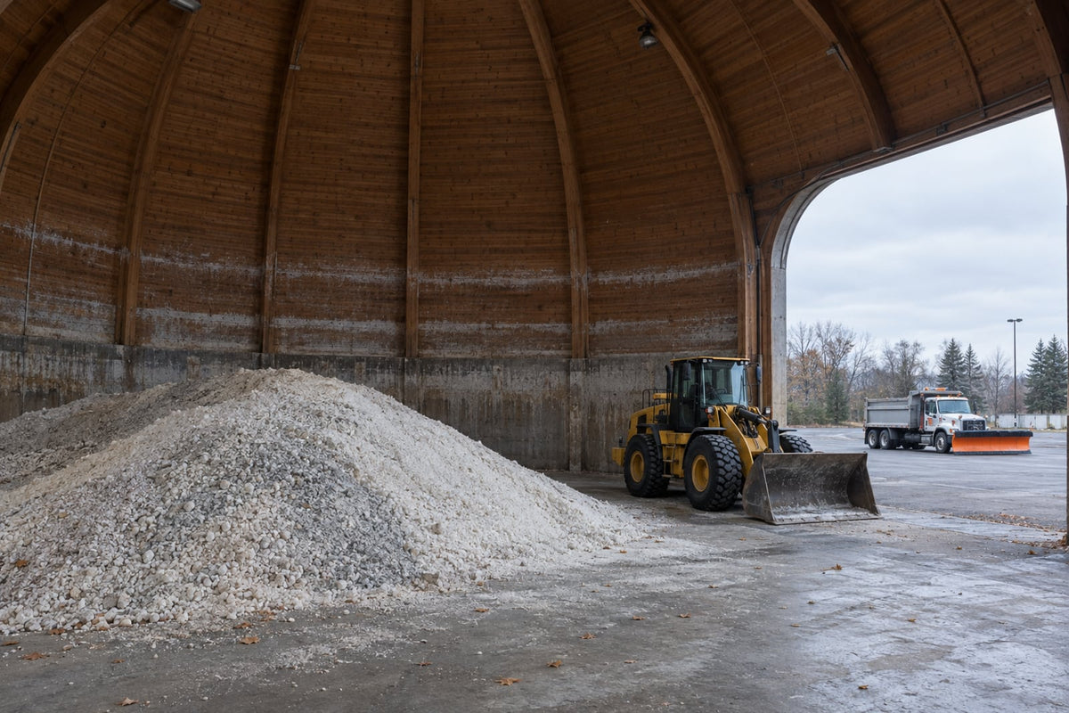 Inside a timber municipal salt dome, a pile of rock salt at half height below old salt tide marks on the walls, a loader parked by the open arch and a snowplough truck in the yard beyond