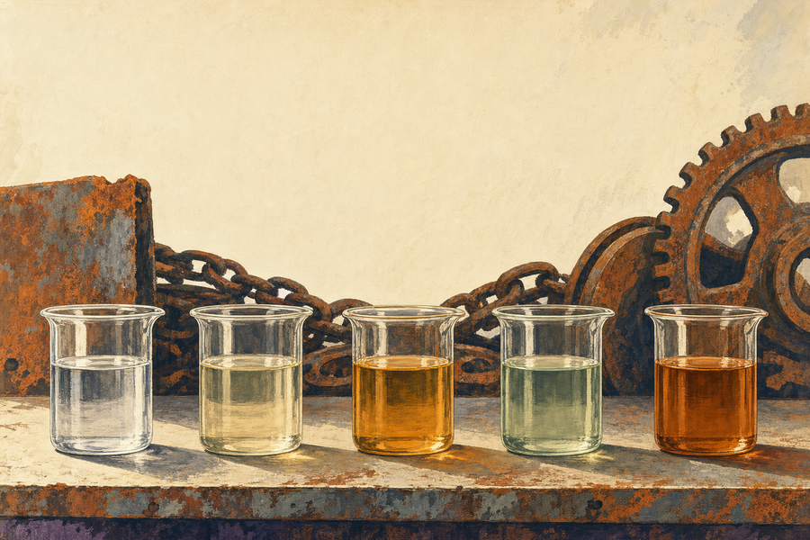 Five beakers of different rust-removing acids lined up in front of rusty steel gears and a chain.