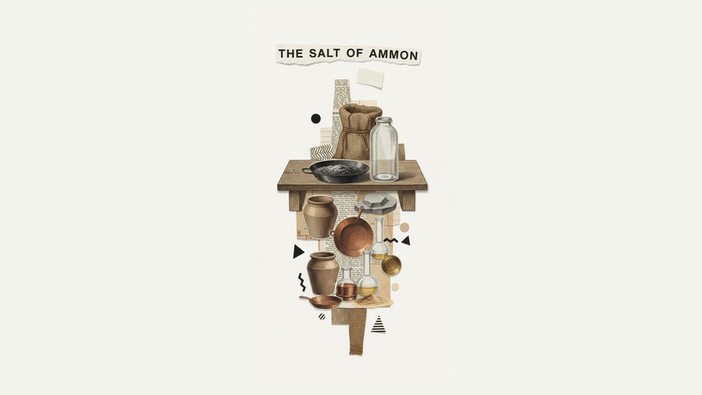 A shallow pan of black soot and a tall glass jar on a workshop bench, the origin of sal ammoniac and the name ammonia