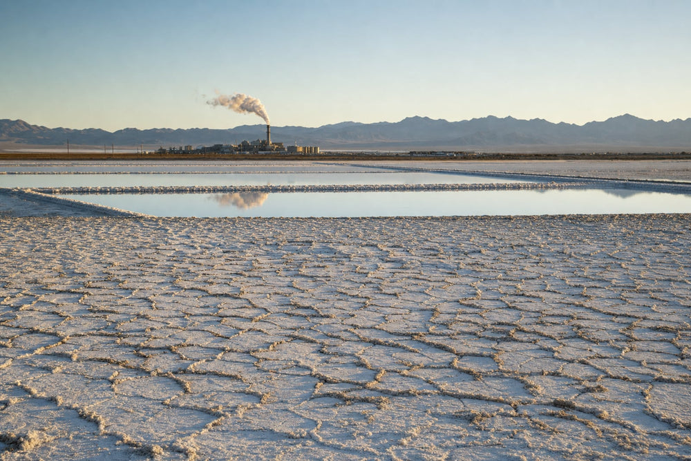 A dry alkali lakebed at golden hour: cracked white salt crust in the foreground, shallow brine evaporation ponds behind it, and the silhouette of a chemical works with a steaming stack against desert mountains
