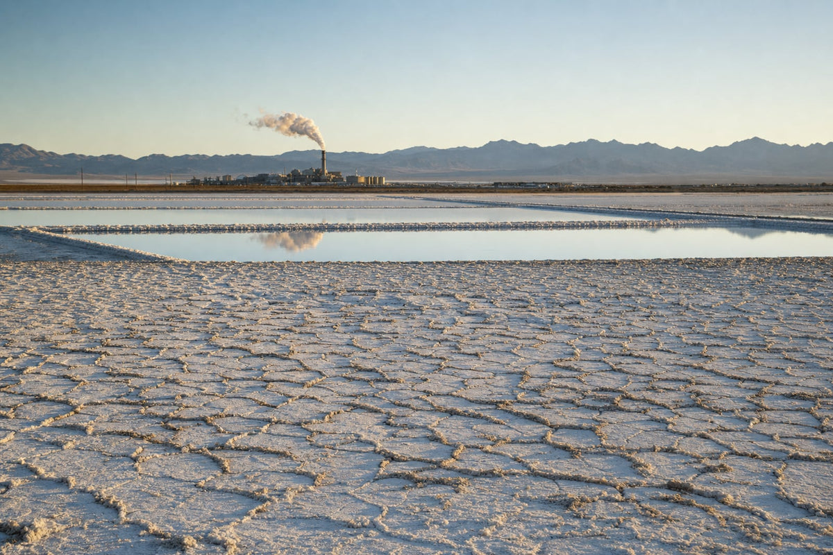 A dry alkali lakebed at golden hour: cracked white salt crust in the foreground, shallow brine evaporation ponds behind it, and the silhouette of a chemical works with a steaming stack against desert mountains