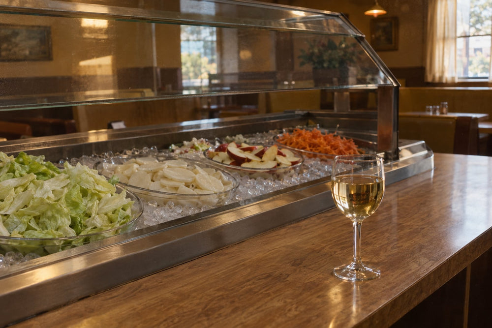 A glass of white wine on a restaurant counter beside a 1980s-style salad bar of crisp lettuce and sliced potatoes under a sneeze guard