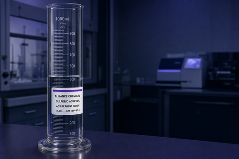 Sulfuric Acid 96% ACS Grade — clear graduated cylinder of dense H2SO4 with Alliance Chemical label in a modern analytical chemistry laboratory