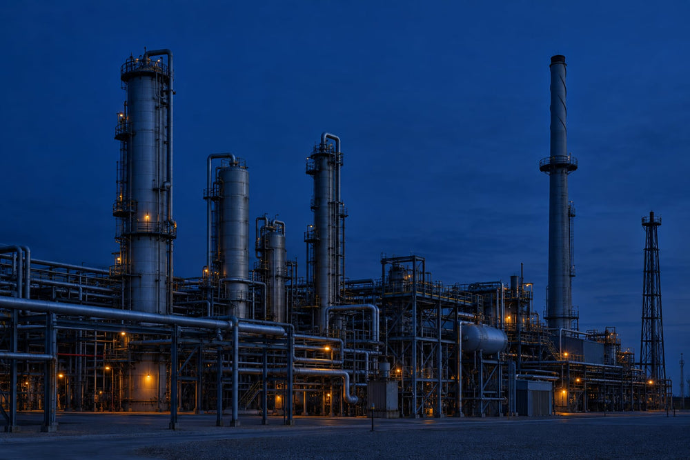 A large heavy-chemical plant at blue hour, converter and absorption towers lit only by amber safety lamps, the stack emitting no plume