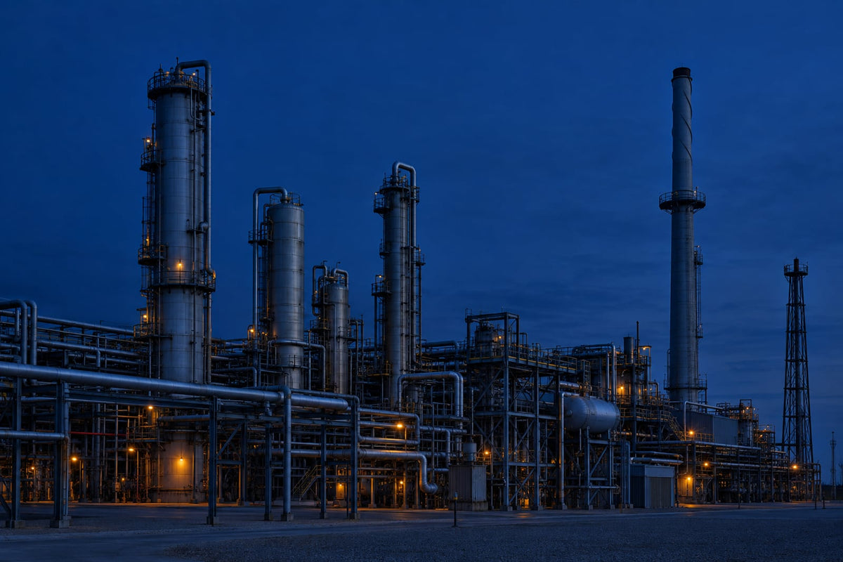 A large heavy-chemical plant at blue hour, converter and absorption towers lit only by amber safety lamps, the stack emitting no plume