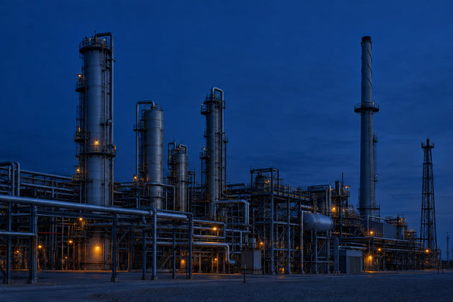 A large heavy-chemical plant at blue hour, converter and absorption towers lit only by amber safety lamps, the stack emitting no plume