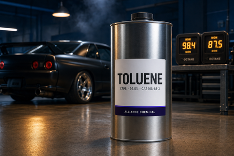 Brushed-steel jerry can labeled TOLUENE 99.5% in a race garage with a dark Japanese tuner car silhouette and twin octane gauges in the background