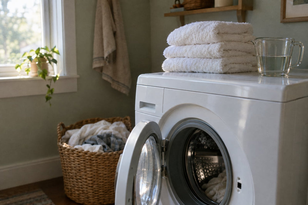 A home laundry room with fluffy white towels folded on top of a white front-loading washing machine beside a plain glass measuring cup of clear vinegar, morning window light