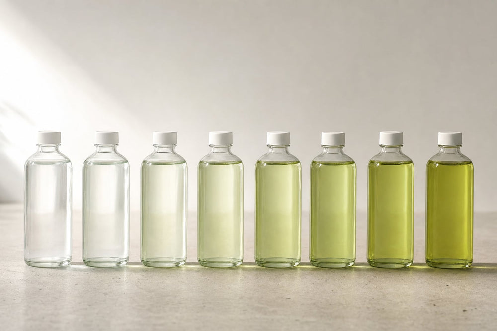 Eight clear bottles in a row, the liquid deepening from water-clear to saturated pale greenish-yellow, showing the sodium hypochlorite concentration ladder