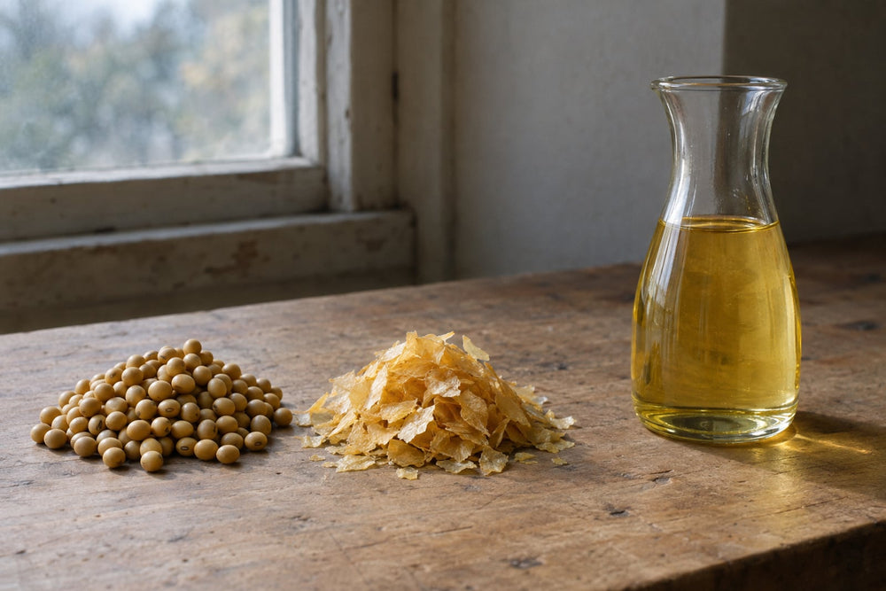 Whole soybeans, a pile of thin rolled soybean flakes and a glass carafe of pale golden vegetable oil in a row on a worn wooden bench by a window
