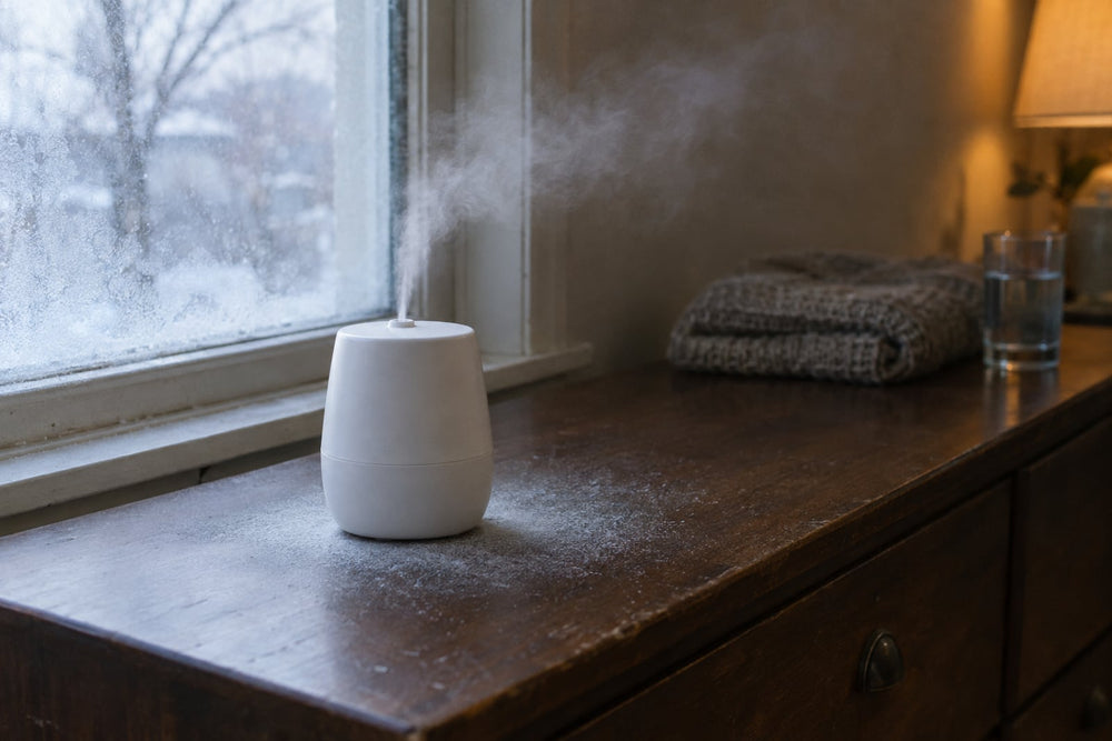 A small white ultrasonic humidifier misting beside a frosted winter window, with fine white mineral dust settled on the dark wood dresser around it