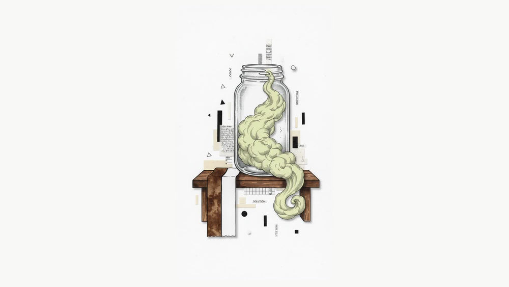 A glass jar of dense yellow-green chlorine gas spilling over the rim, in the style of a 19th-century paper collage