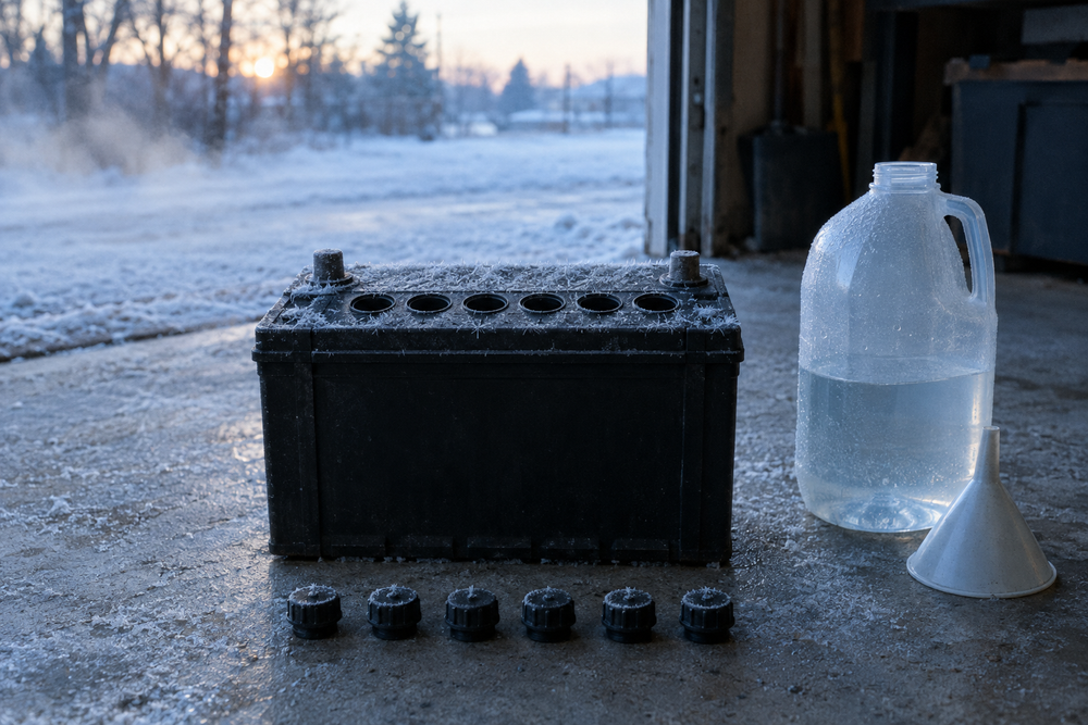 A 12-volt flooded lead-acid battery with its six vent caps removed on a frosted garage floor at dawn, beside a jug of water and a funnel for topping up after charging