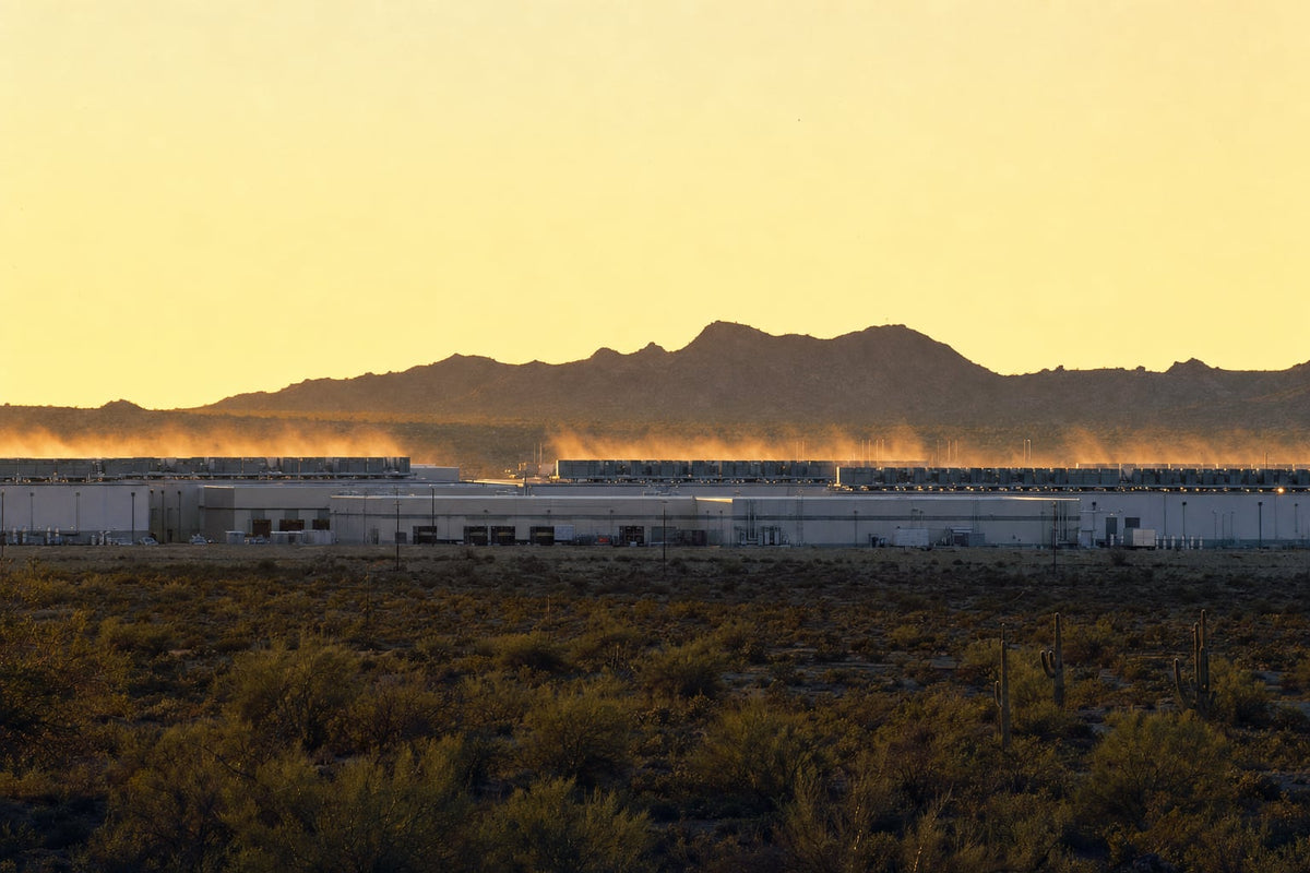 A hyperscale data center campus with rooftop dry coolers in the Sonoran desert at golden hour, rejecting heat with no cooling-tower plume.