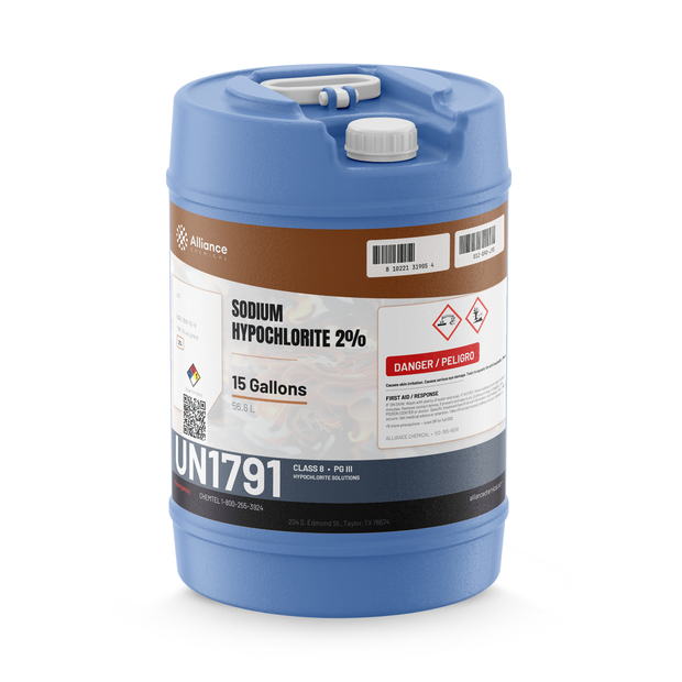 Sodium Hypochlorite 2% Technical Grade in a 15-gallon blue plastic carboy from Alliance Chemical