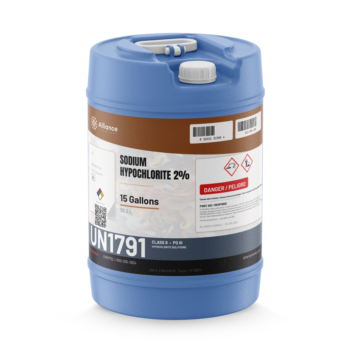 Sodium Hypochlorite 2% Technical Grade in a 15-gallon blue plastic carboy, Alliance Chemical