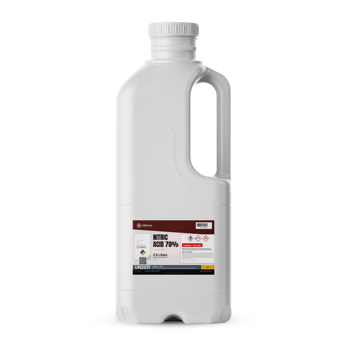Nitric Acid 70% Technical Grade in a 2.5-liter white plastic jug from Alliance Chemical