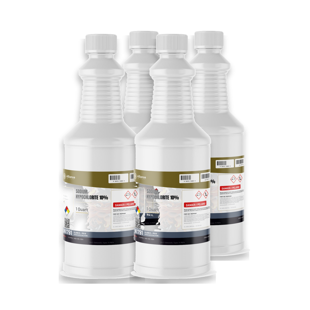Sodium Hypochlorite 10% Technical Grade in four 1-quart plastic bottles, Alliance Chemical
