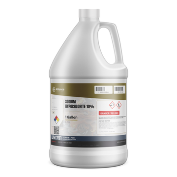 Sodium Hypochlorite 10% Technical Grade in a 1-gallon plastic jug from Alliance Chemical