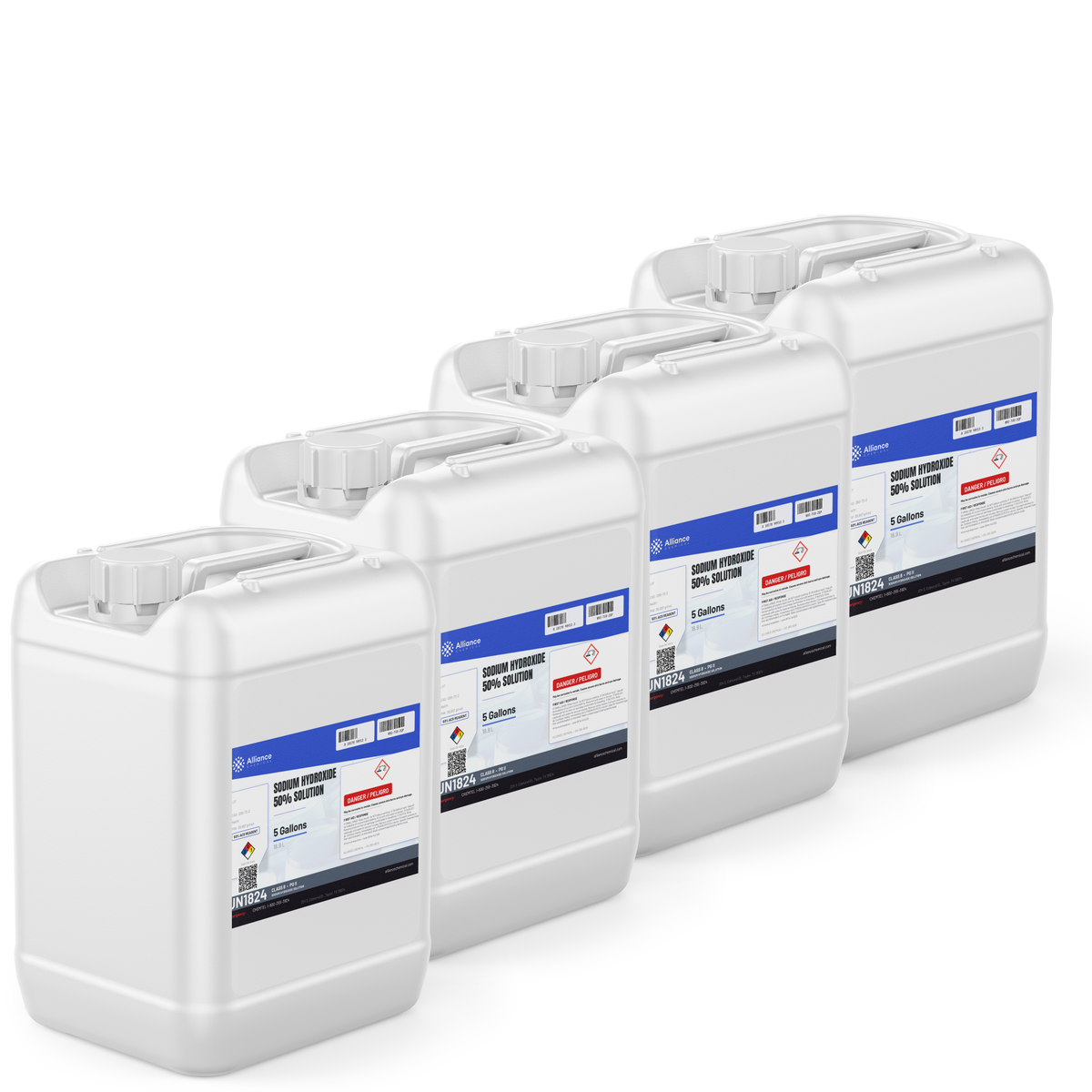 Sodium Hydroxide 50% Solution ACS Grade in four 5-gallon pails from Alliance Chemical for pH neutralization