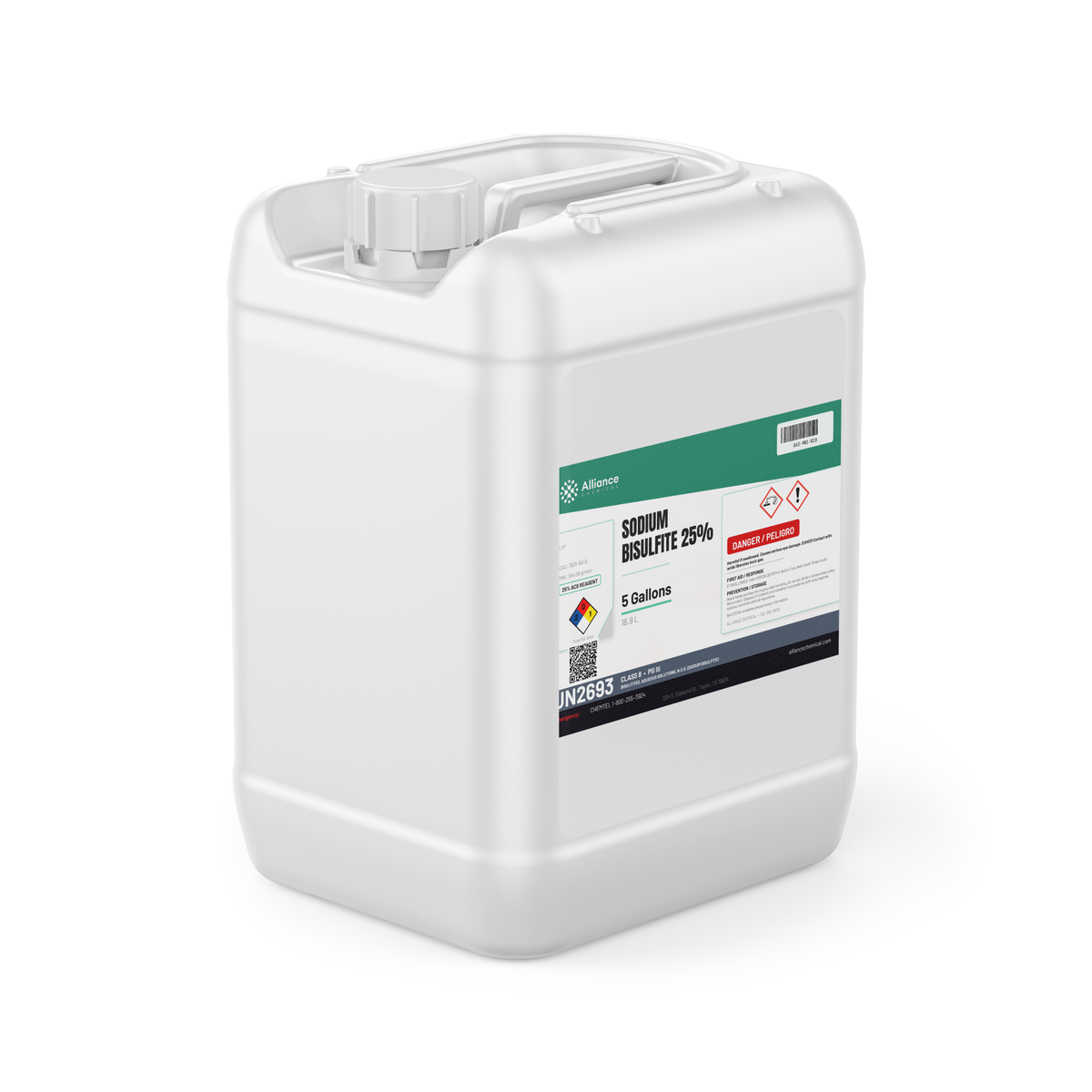 Sodium Bisulfite 25% ACS Reagent Grade in a white 5-gallon jerry can from Alliance Chemical