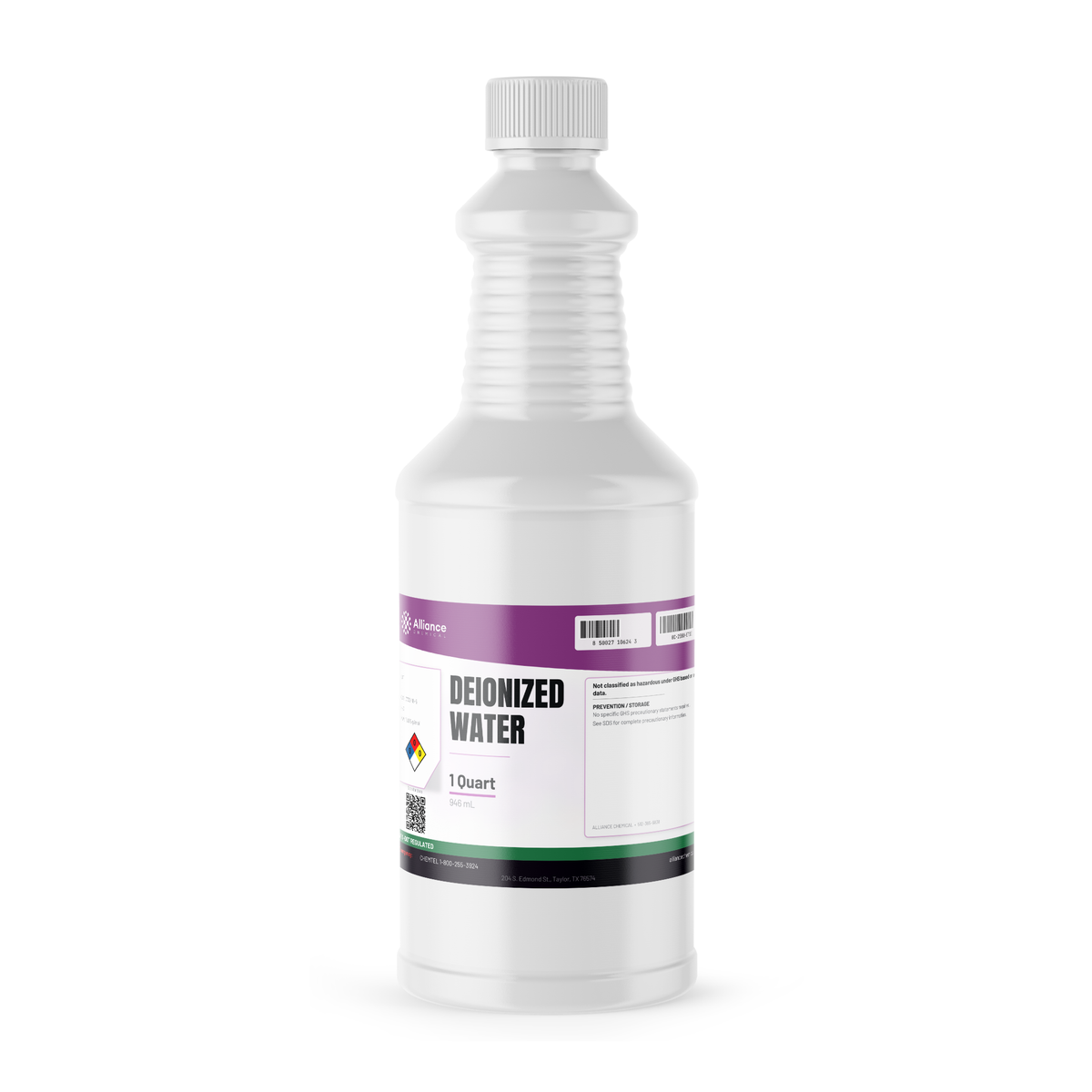 Technical grade Deionized Water in a 1-quart plastic bottle, Alliance Chemical for reagent prep and cleaning