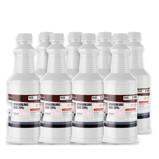 Hydrochloric Acid 25% ACS Grade in eight 1-quart white plastic bottles from Alliance Chemical