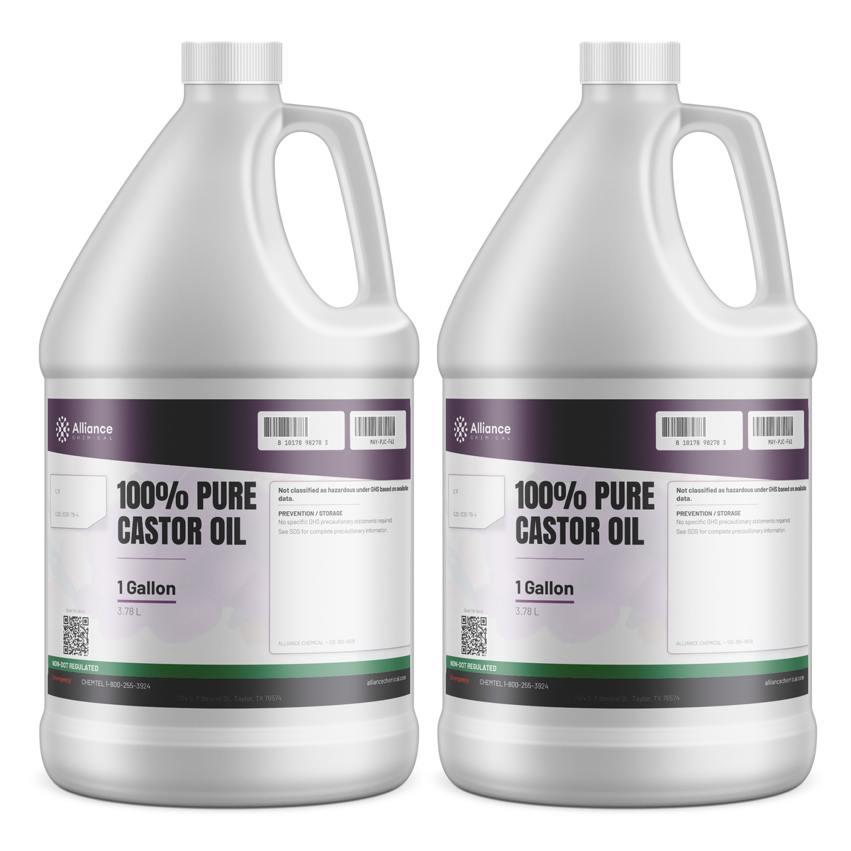 100% pure castor oil, technical grade, two 1-gallon white plastic jugs, Alliance Chemical