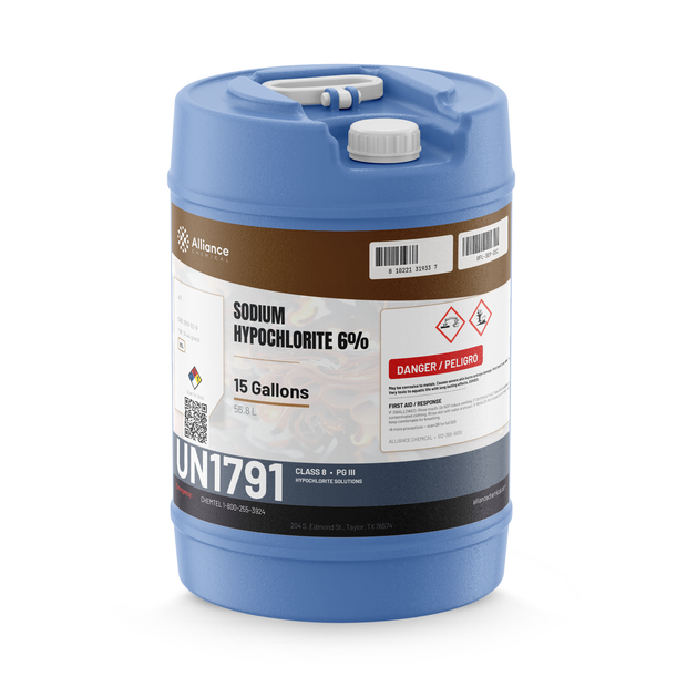 Sodium hypochlorite 6% technical grade in a 15-gallon blue plastic carboy from Alliance Chemical