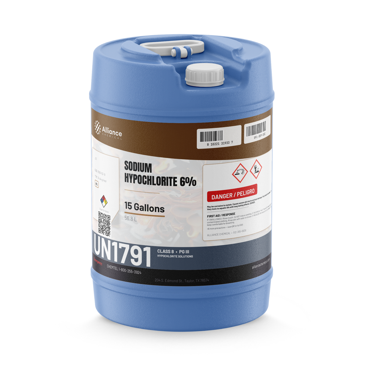 Sodium Hypochlorite 6% technical grade in a blue 15-gallon carboy from Alliance Chemical