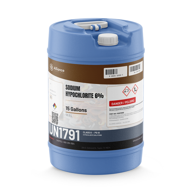 Sodium Hypochlorite 6% technical grade in a blue 15-gallon carboy from Alliance Chemical