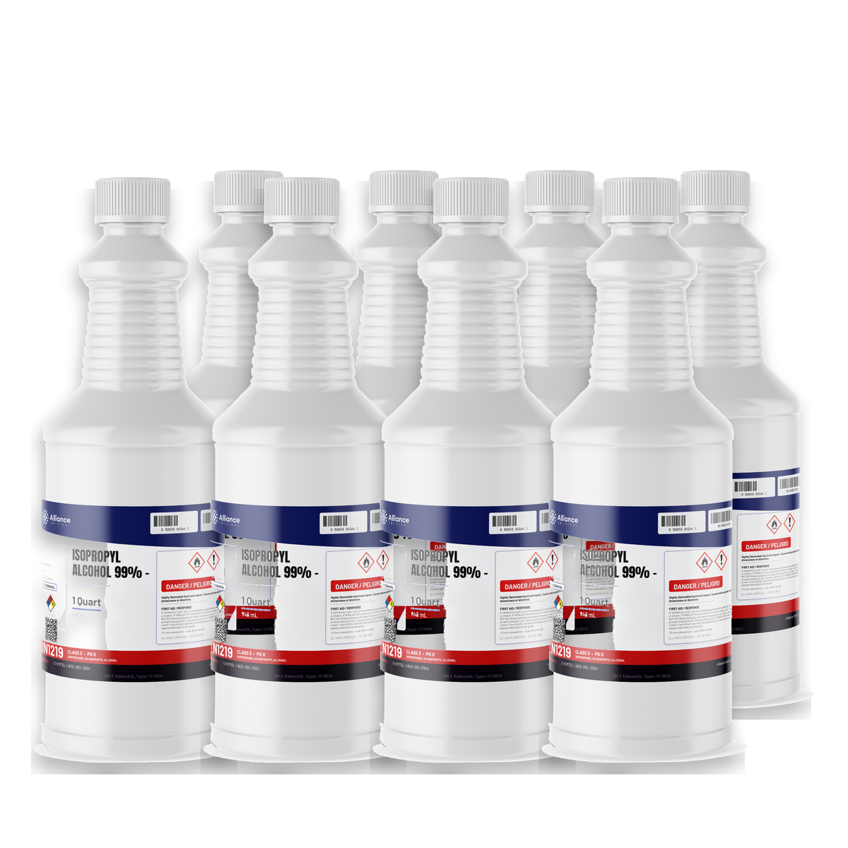 Isopropyl Alcohol 99% Technical Grade in eight 1-quart bottles for precision electronics cleaning, Alliance Chemical