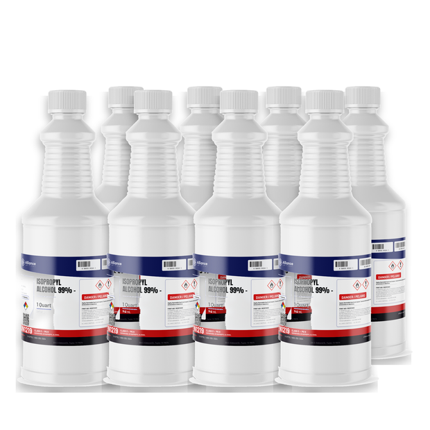 Isopropyl Alcohol 99% Technical Grade in eight 1-quart bottles for precision electronics cleaning, Alliance Chemical