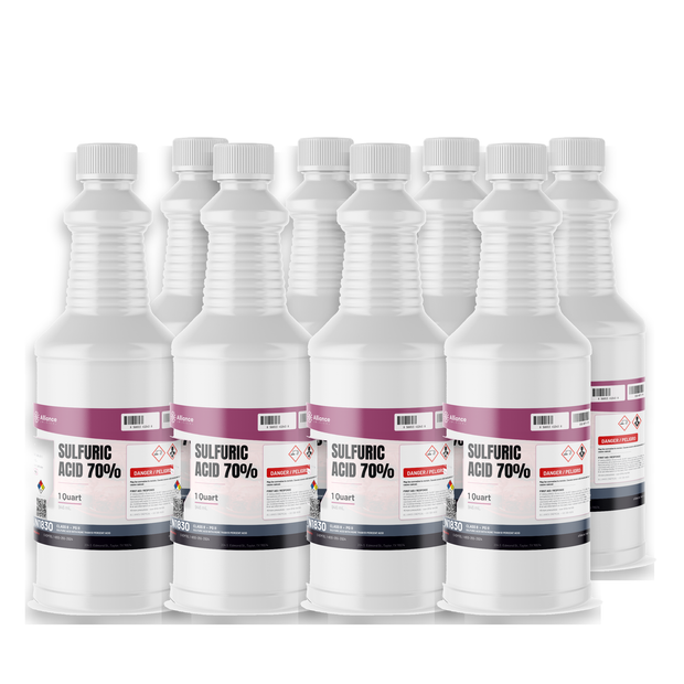 Sulfuric Acid 70% eight 1-quart plastic bottles, Alliance Chemical for metal finishing and pH neutralization