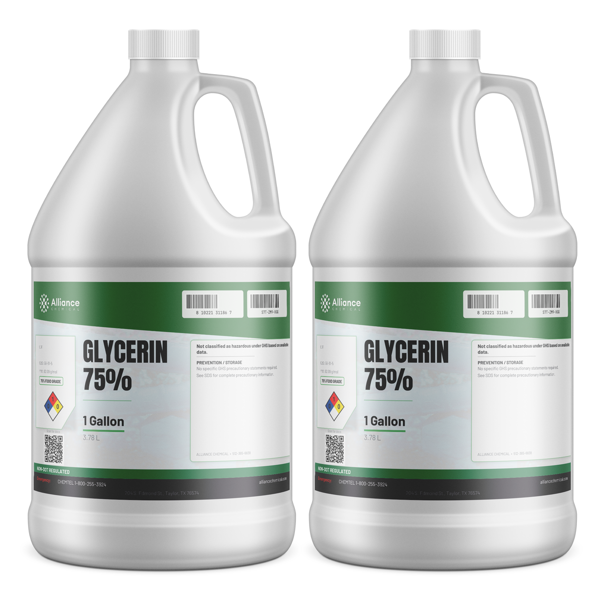 Glycerin 75% Food Grade in two 1-gallon plastic jugs from Alliance Chemical for food and beverage formulation
