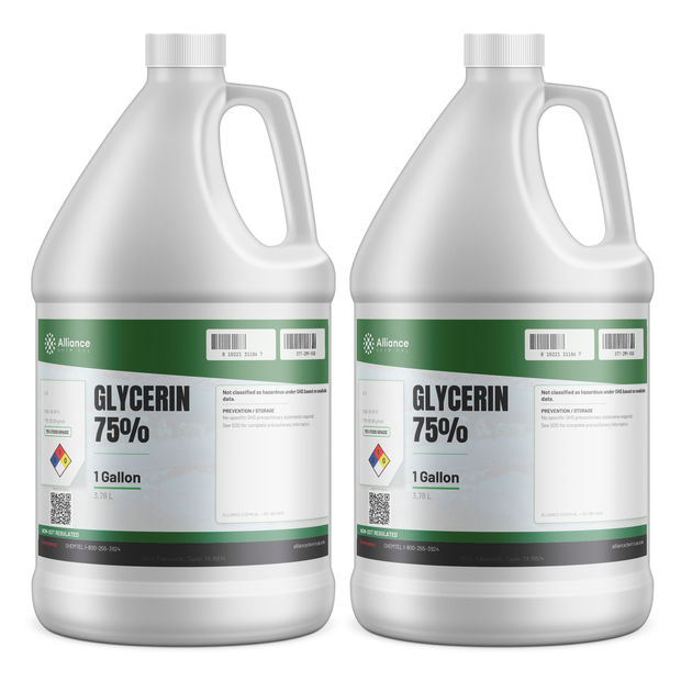 Glycerin 75% Food Grade in two 1-gallon plastic jugs from Alliance Chemical for food and beverage formulation
