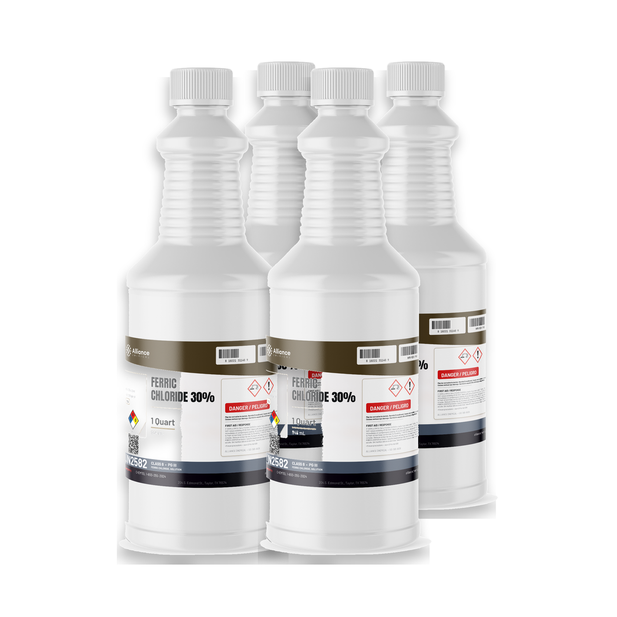 Ferric chloride 30% technical grade in four 1-quart plastic bottles, Alliance Chemical