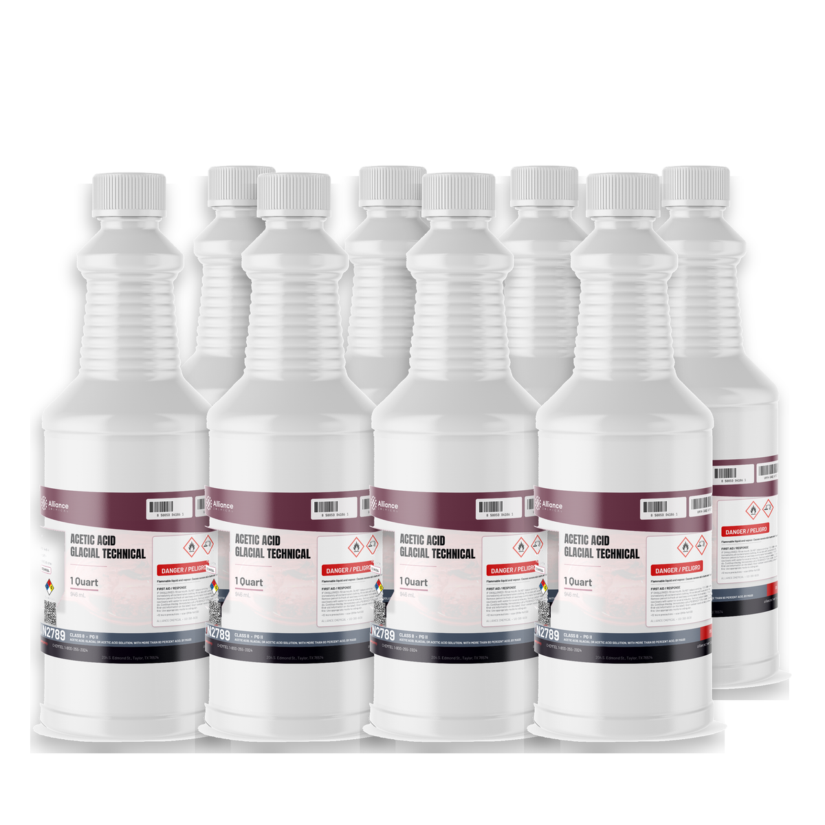 Acetic Acid Glacial Technical Grade in eight 1-quart bottles from Alliance Chemical