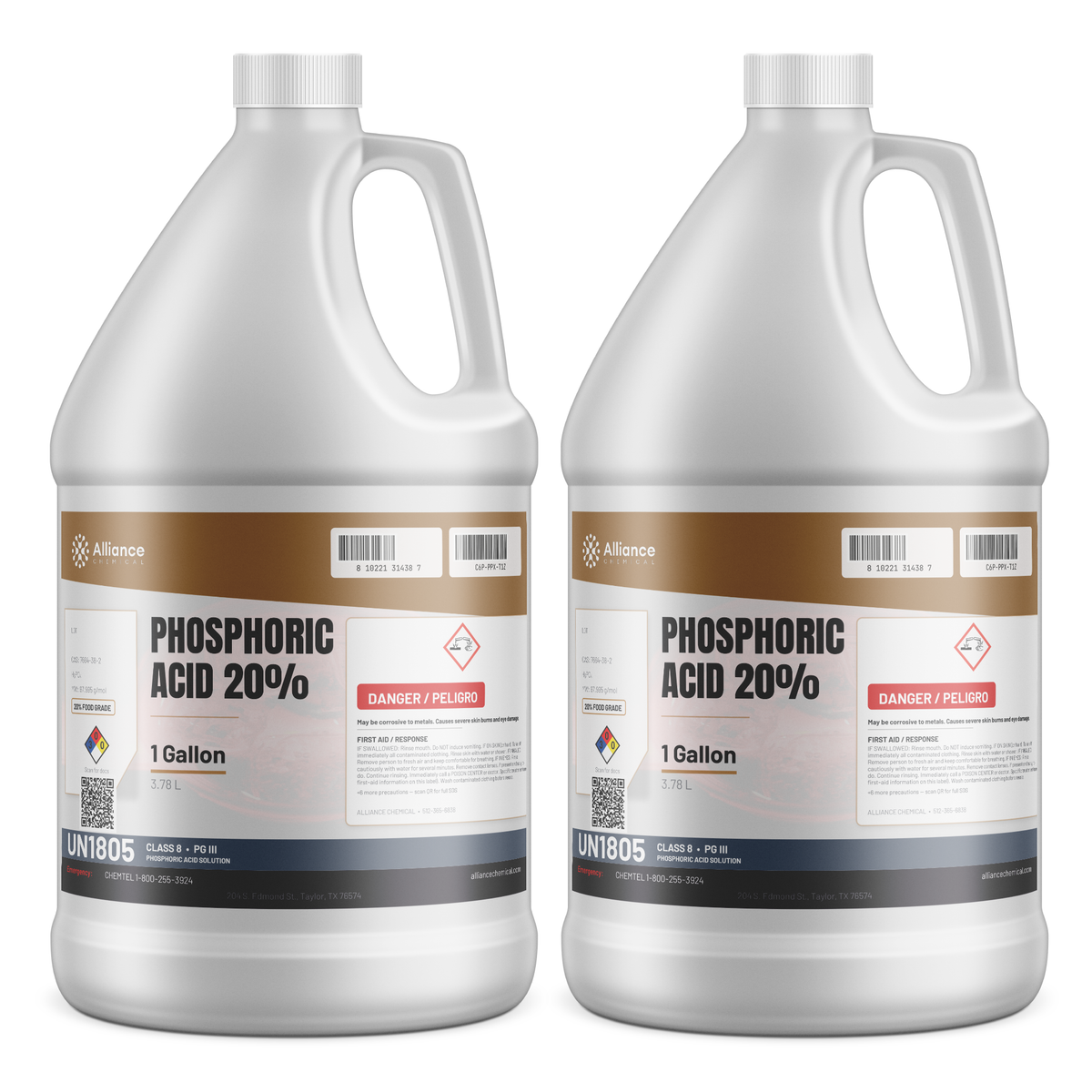 Phosphoric Acid 20% Food Grade in two 1-gallon plastic jugs, Alliance Chemical for food processing and beverage production