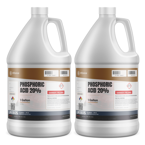Phosphoric Acid 20% Food Grade in two 1-gallon plastic jugs, Alliance Chemical for food processing and beverage production