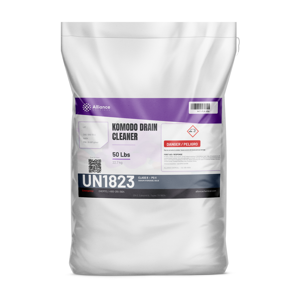 Technical Grade Komodo Drain Cleaner 50 lb bag for industrial drain line blockages, Alliance Chemical