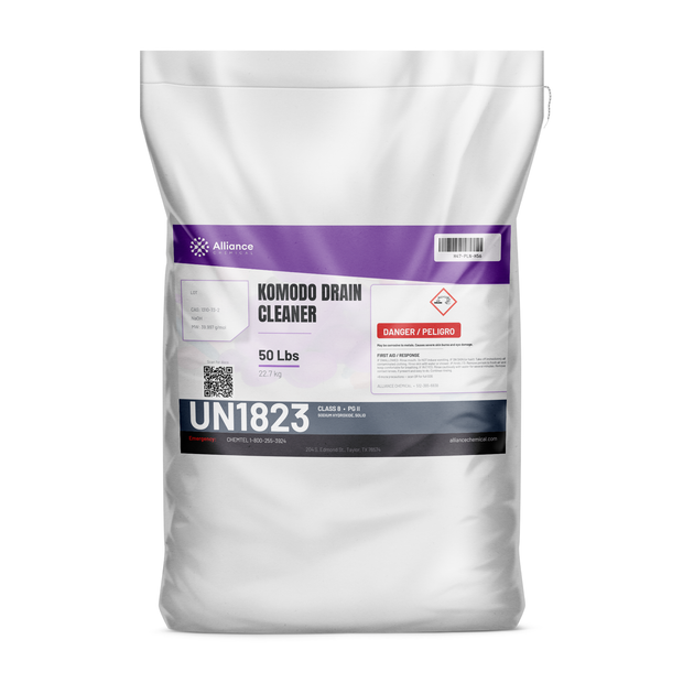 Technical Grade Komodo Drain Cleaner 50 lb bag for industrial drain line blockages, Alliance Chemical