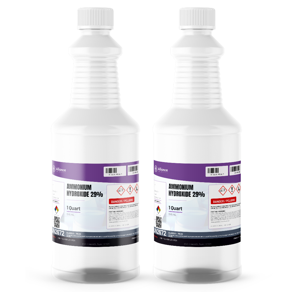 Ammonium Hydroxide 29% Technical Grade, two 1-quart plastic bottles, Alliance Chemical for wastewater pH adjustment