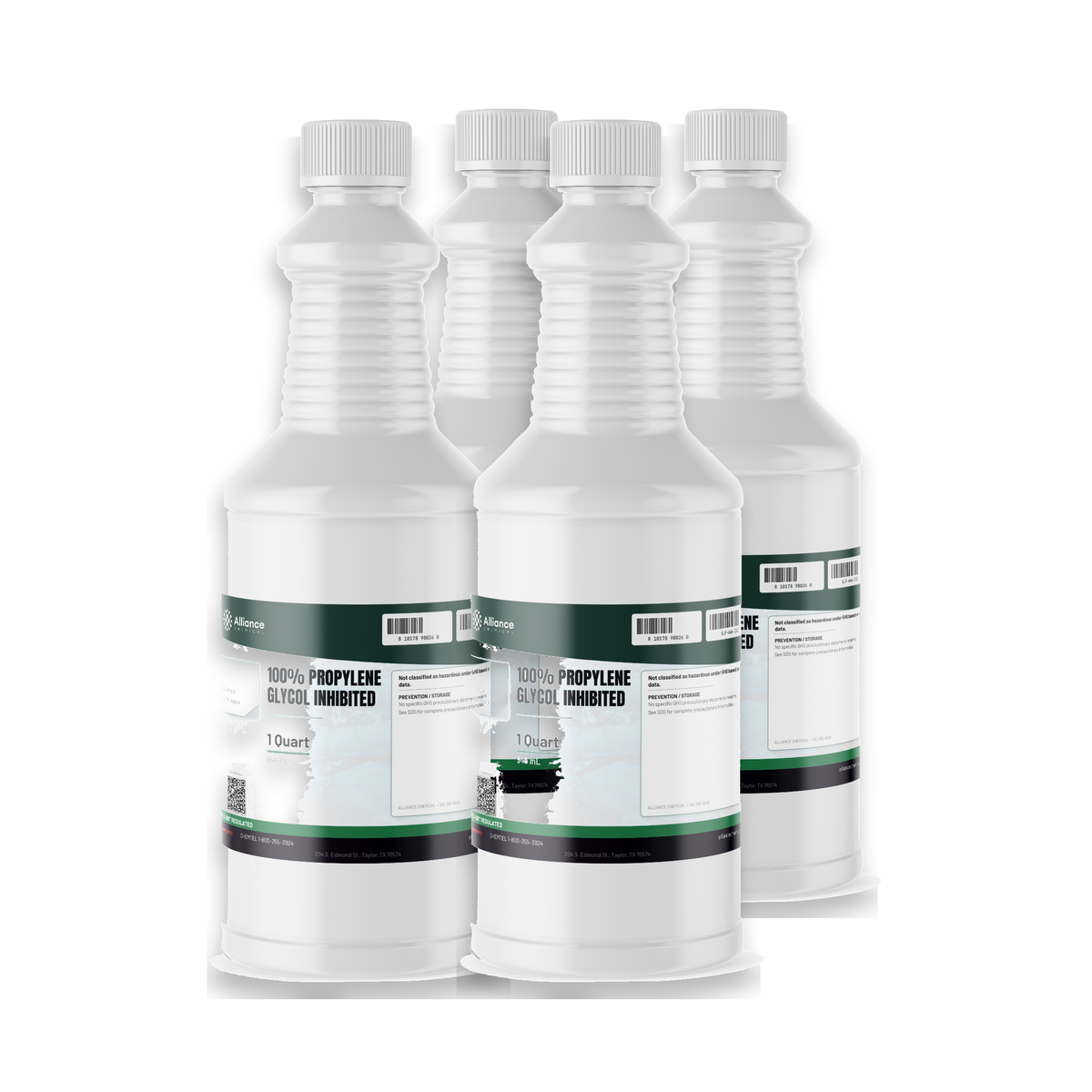100% inhibited propylene glycol liquid in four 1-quart white plastic bottles from Alliance Chemical