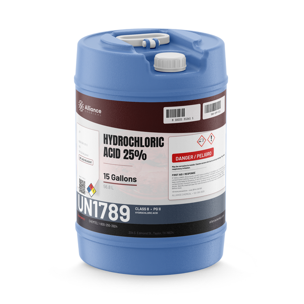 Hydrochloric Acid 25% ACS Reagent Grade liquid in a blue 15-gallon carboy, Alliance Chemical