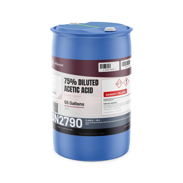 75% Diluted Acetic Acid Food Grade in a blue 55-gallon drum from Alliance Chemical for textile processing and pH control