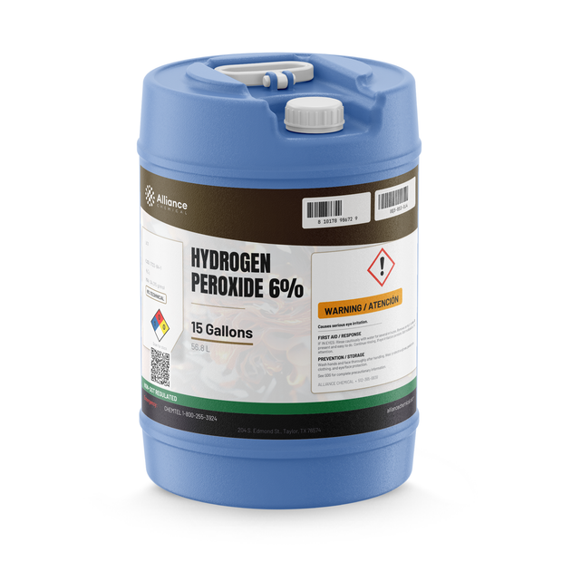 Hydrogen Peroxide 6% Technical Grade in a 15-gallon blue plastic carboy, Alliance Chemical